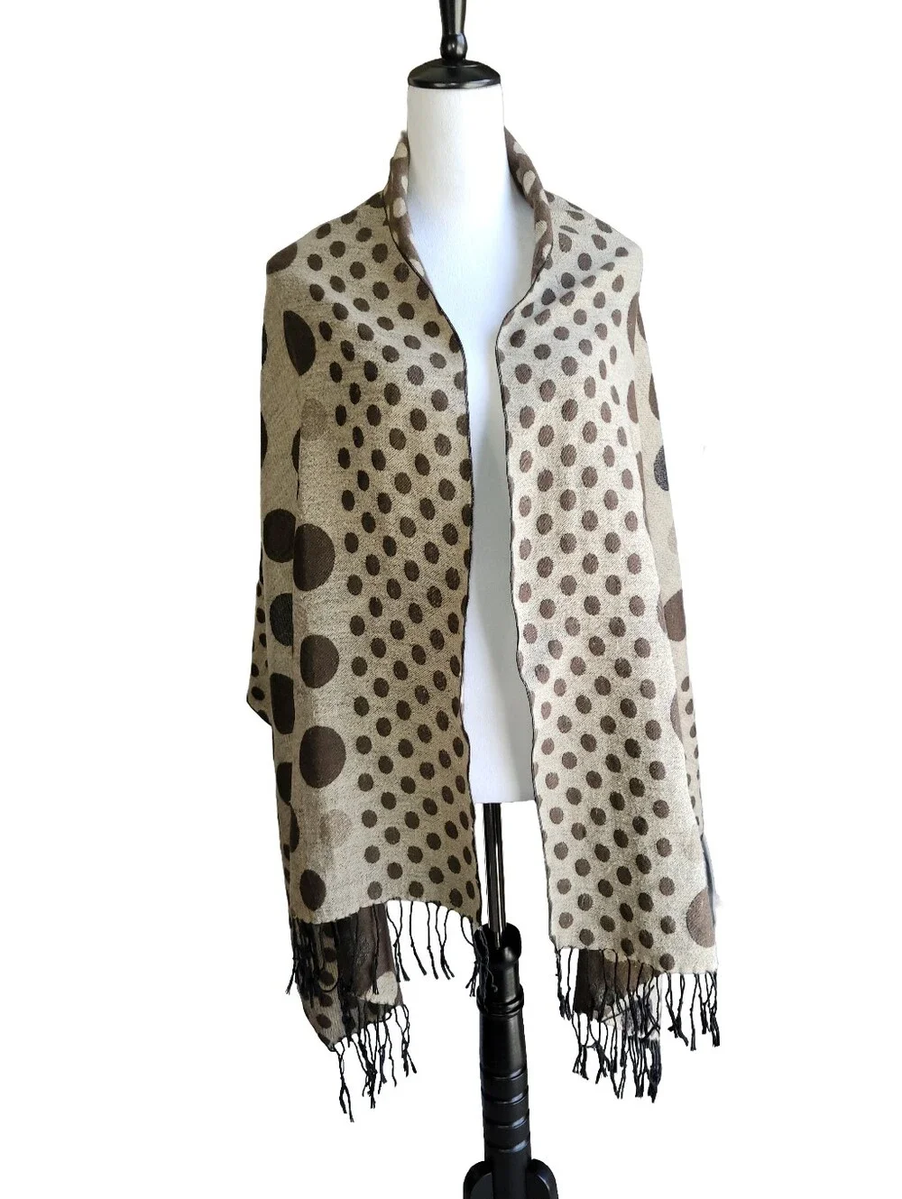 Reversible Brown and Tan Polka Dot Fringe Scarf/Wrap -26
